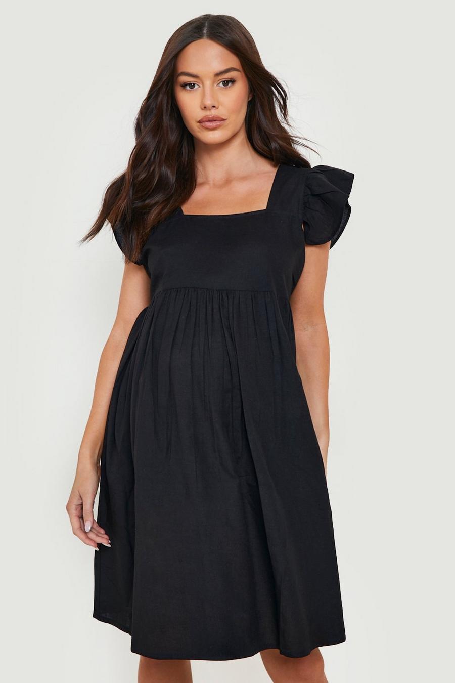 Black Maternity Linen Frill Sleeve Smock Dress