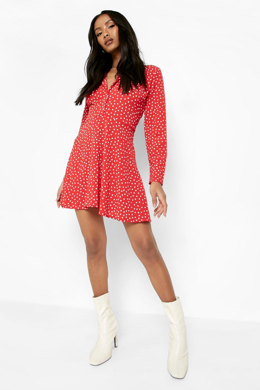Red Petite Polka Dot Shirt Style Skater Dress  image number 1