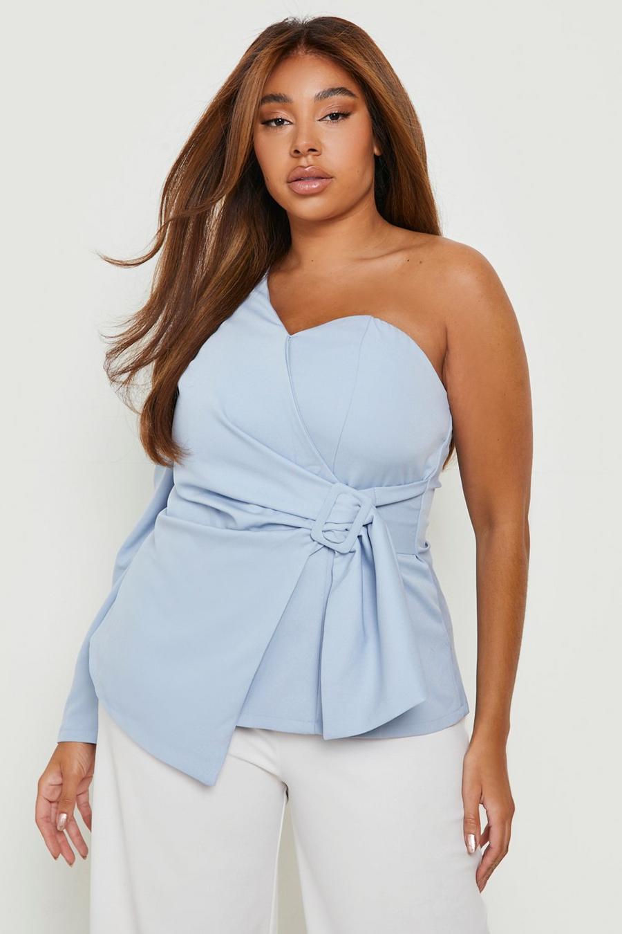 Sky blue Plus Tailored One Shoulder Wrap Top image number 1