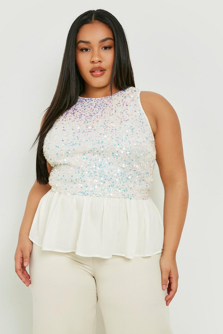 Ivory Plus Sequin Contrast Occasion Peplum Top image number 1