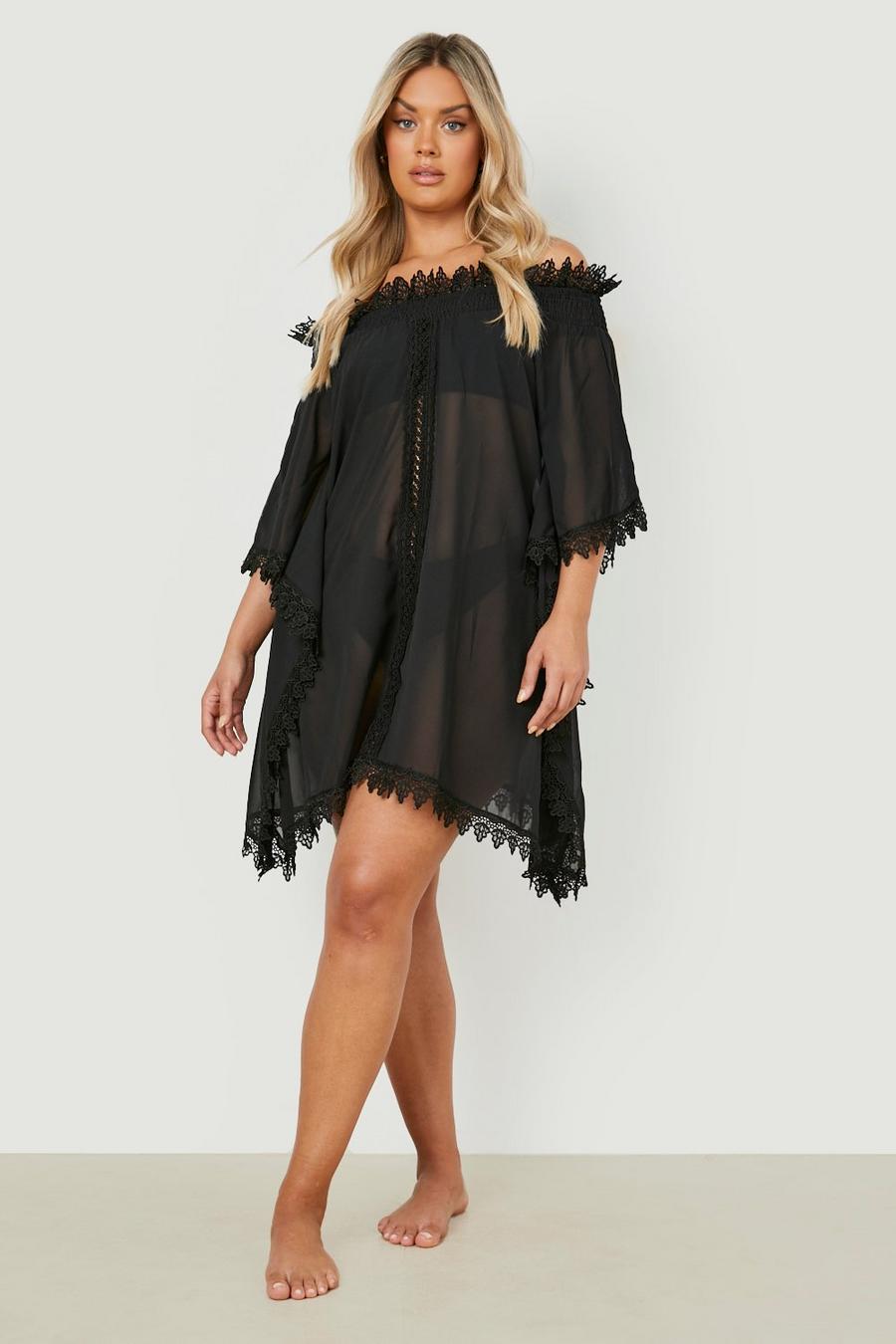 Black Plus Lace Trim Bardot Beach Dress