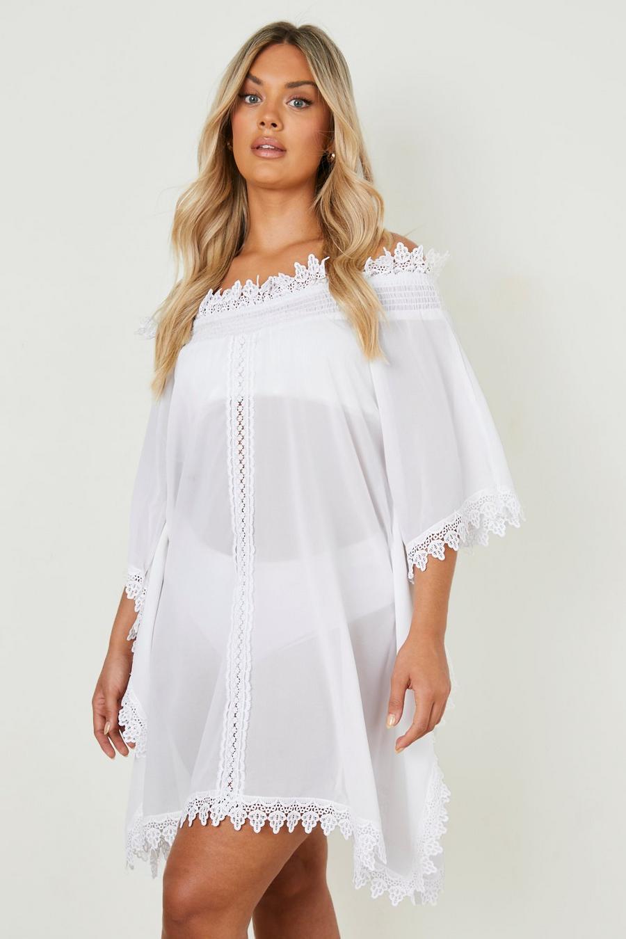 לבן white שמלת חוף בארדו עם עיטורי תחרה, מידות גדולות