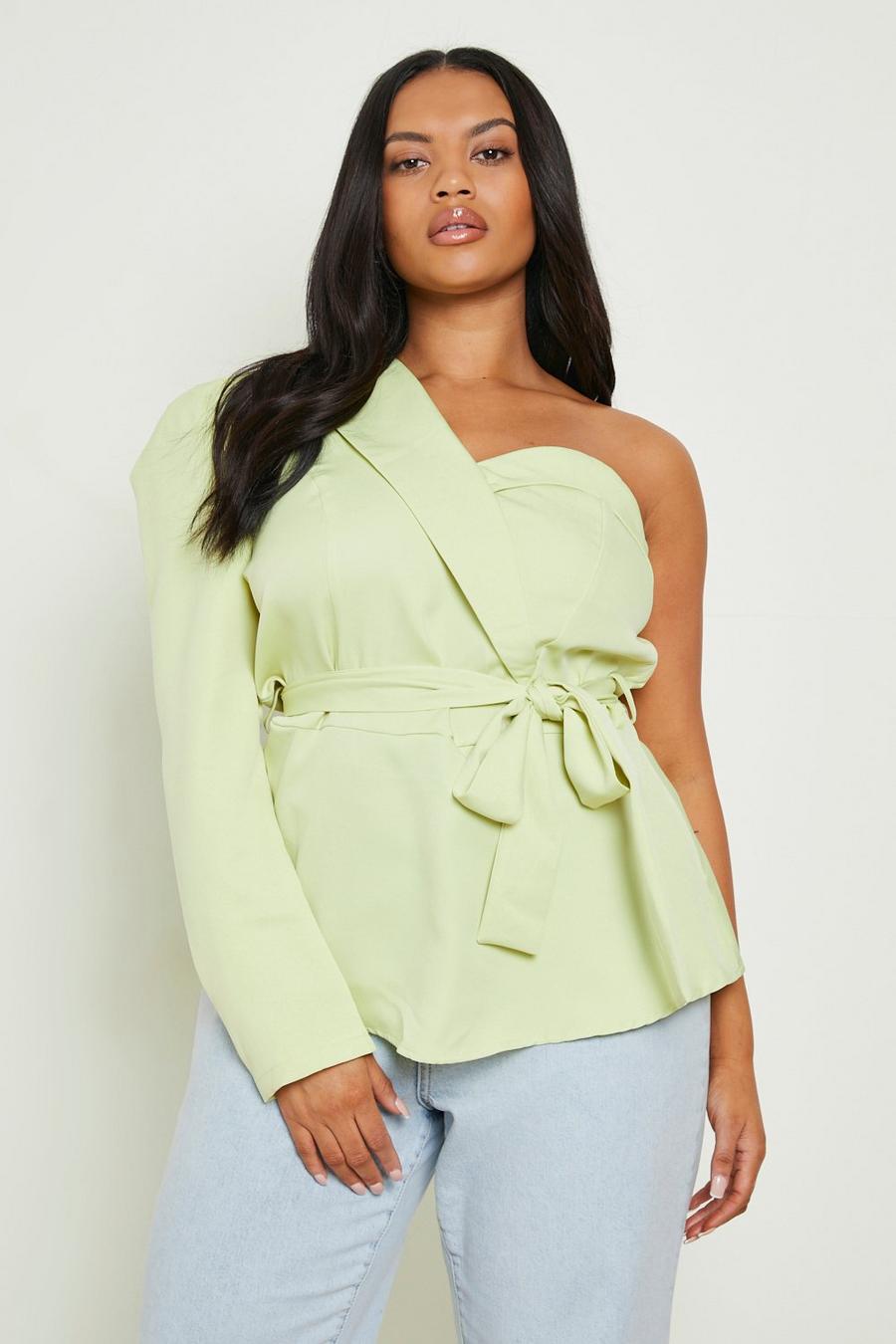 Lime Plus One Shoulder Puff Sleeve Lapel Detail Wrap Top image number 1