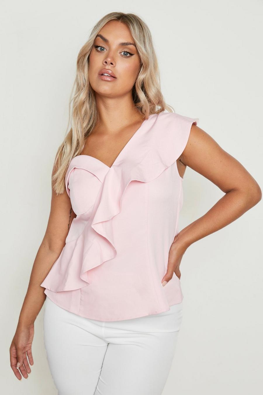 Pink Plus One Shoulder Asymmetrical Ruffle Top image number 1