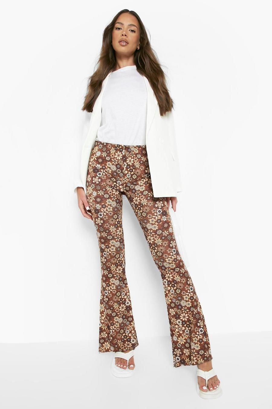 Brown 70's Floral Print Jersey Flare Trouser