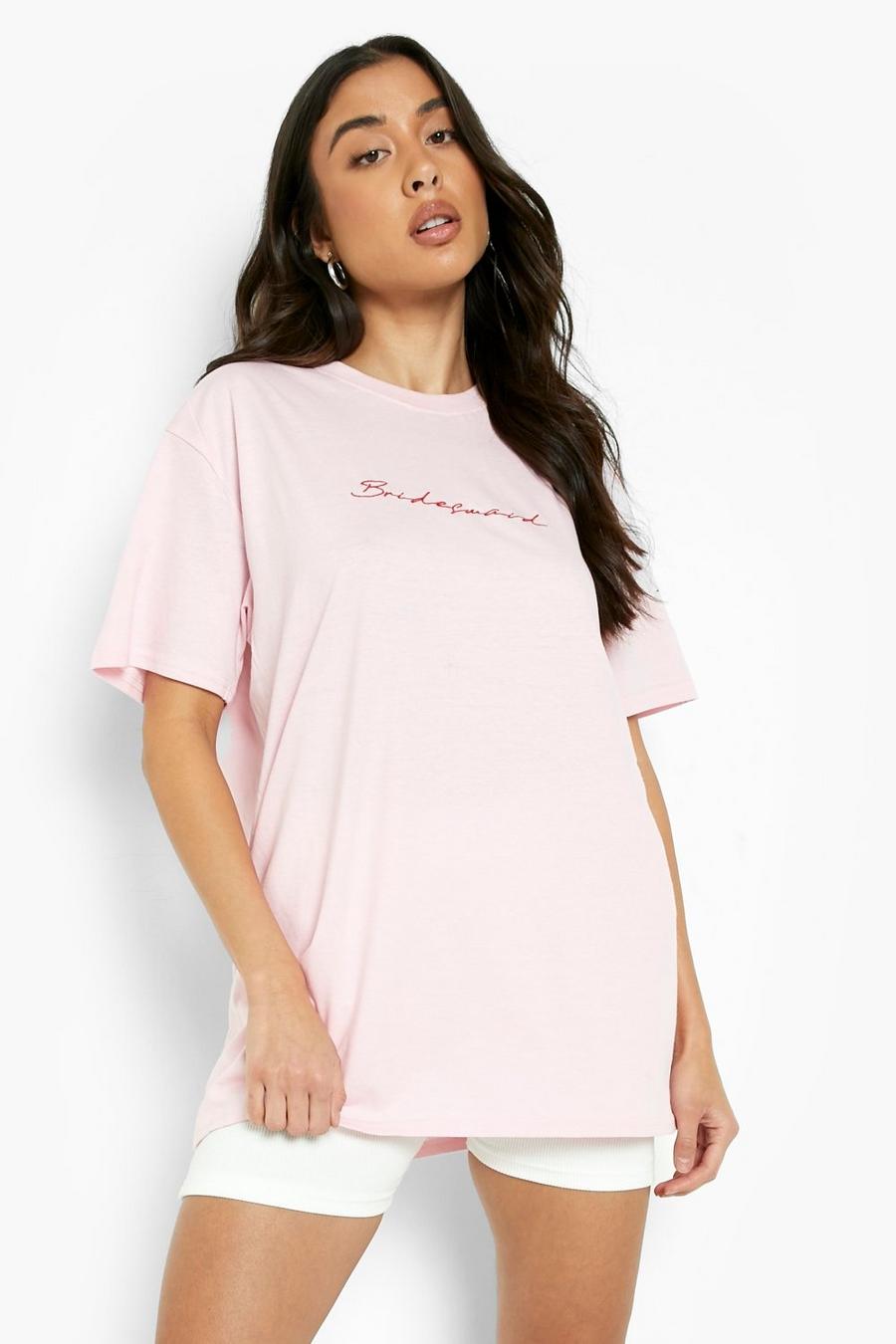 Camiseta oversize con bordado Bridesmaid, Baby pink rosa