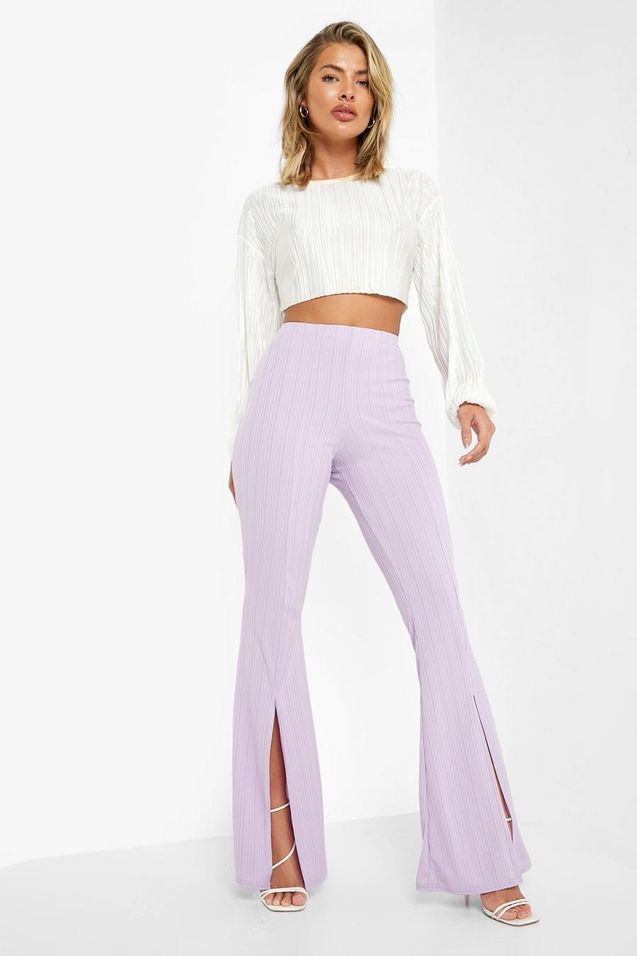 Lilac Split Front Ribbed Flared Trousers image number 1