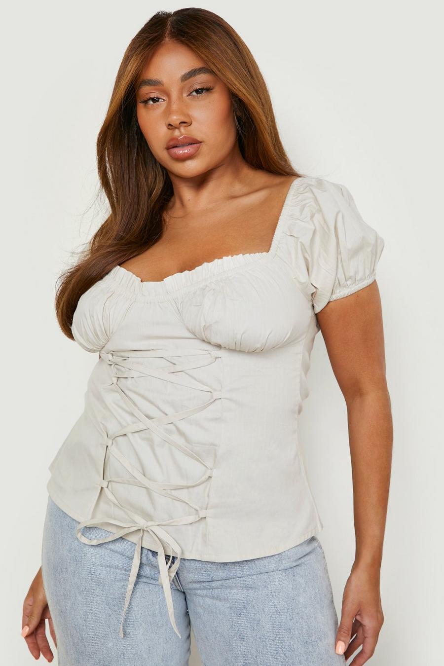 Stone beige Plus Lace Up Milkmaid Top