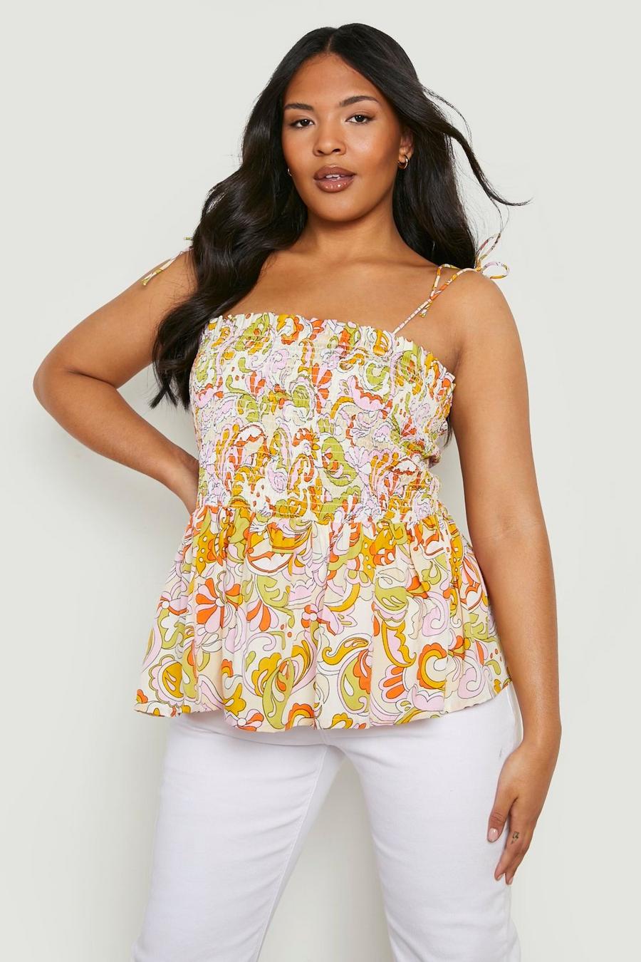 Yellow Plus Woven Scarf Print Shirred Peplum Cami Top image number 1