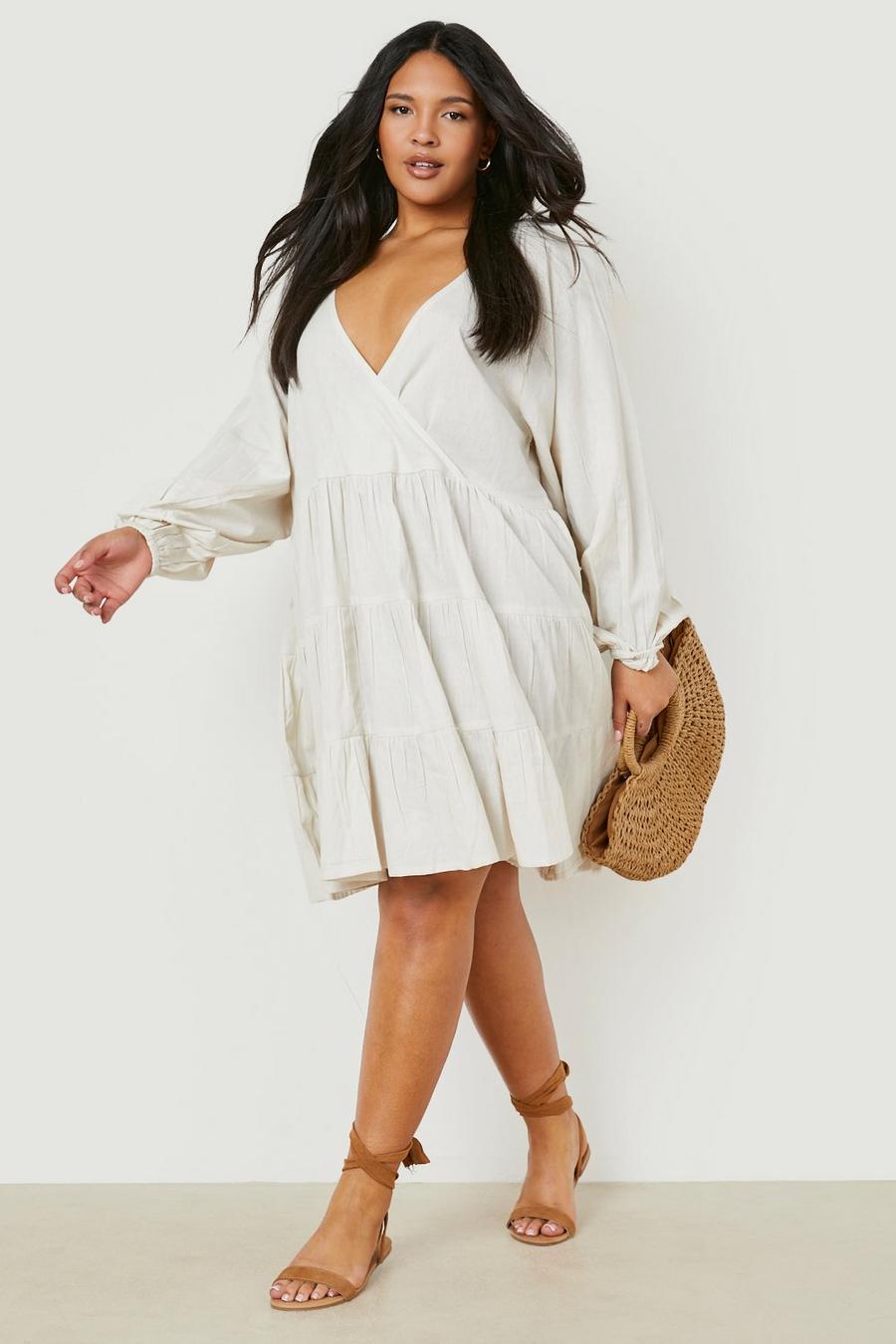 Stone Plus Linen Wrap Tiered Smock Dress image number 1
