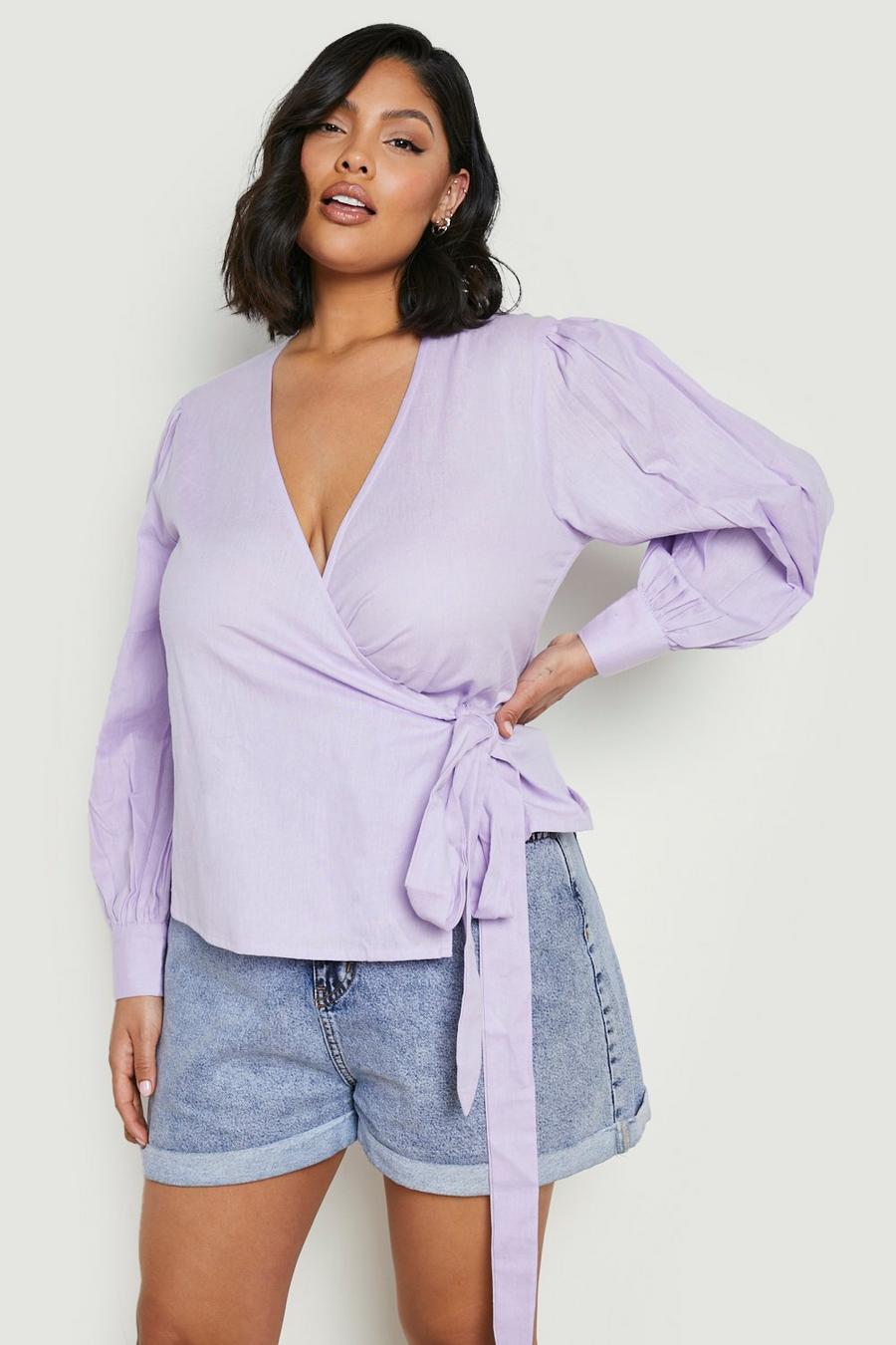 Top scaldacuore Plus Size in lino, Lilac viola