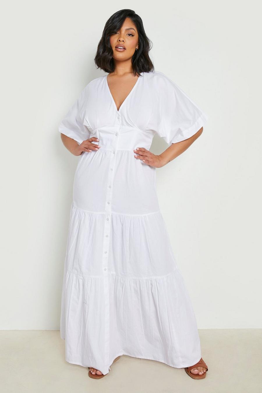 Vestito maxi Plus Size in popeline con bottoni, White blanco