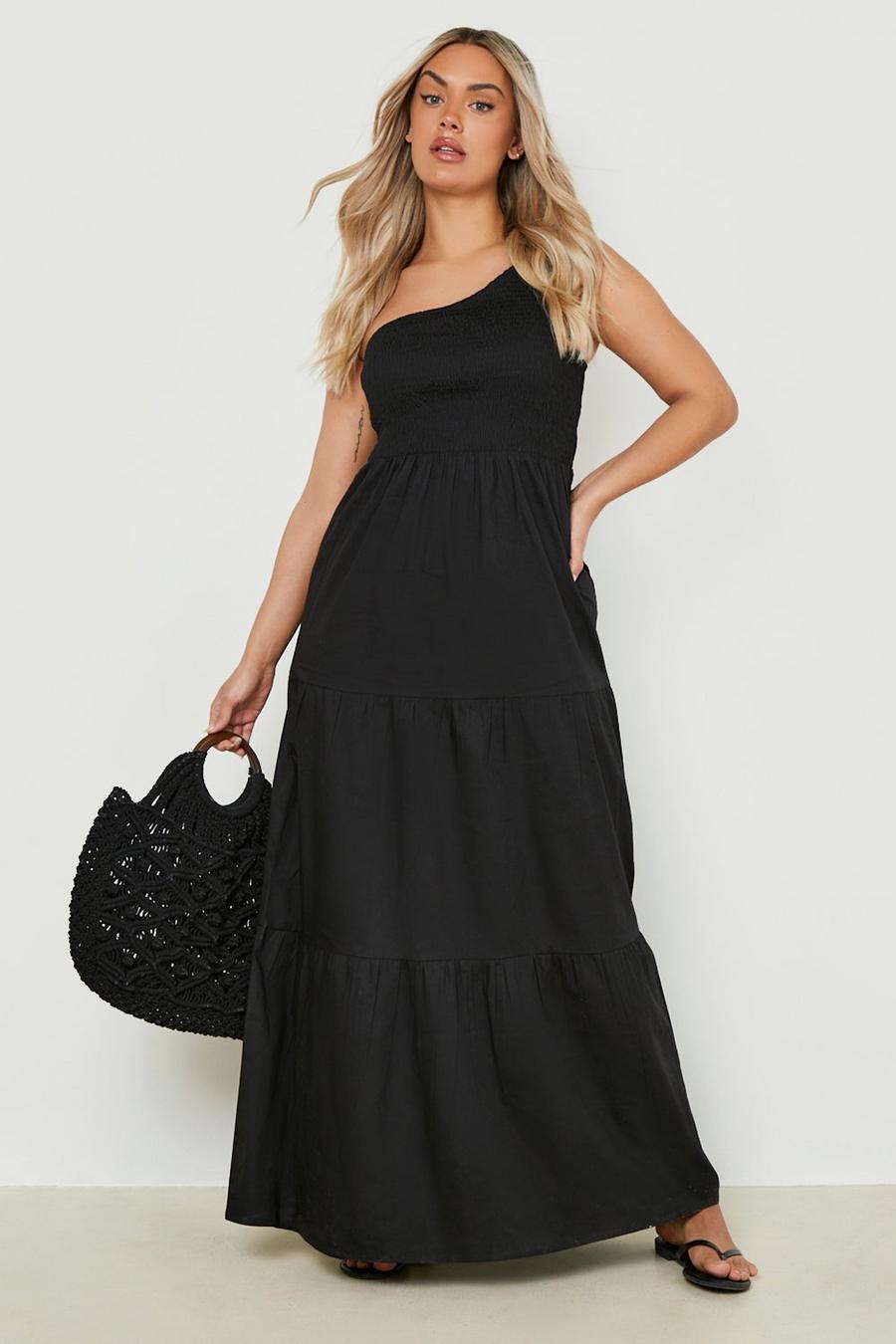 Black Plus Poplin Asymmetric Shirred Maxi Dress image number 1