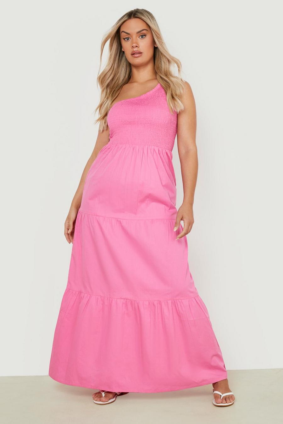 Pink Plus Poplin Asymmetric Shirred Maxi Dress image number 1