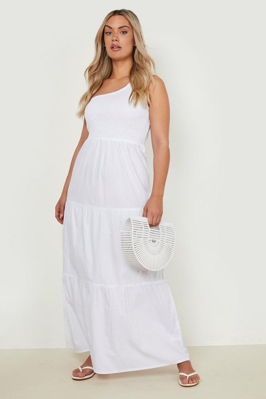 White Plus Poplin Asymmetric Shirred Maxi Dress image number 1