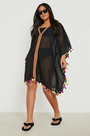 Black Plus Pom Pom Kimono Beach Cover Up