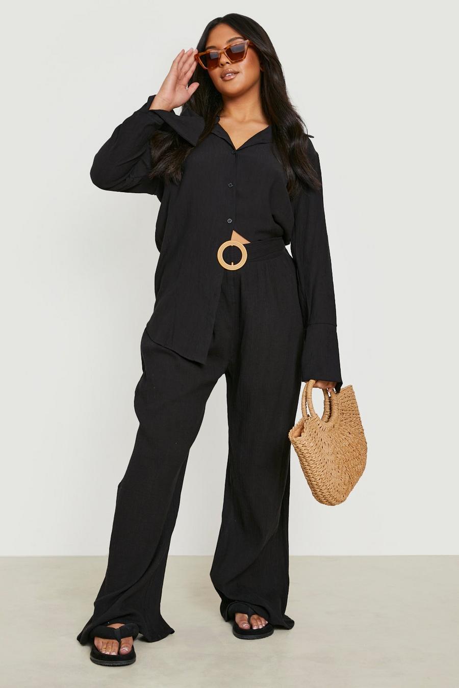 Black Plus Raffia Buckle Cheesecloth Beach Trousers image number 1