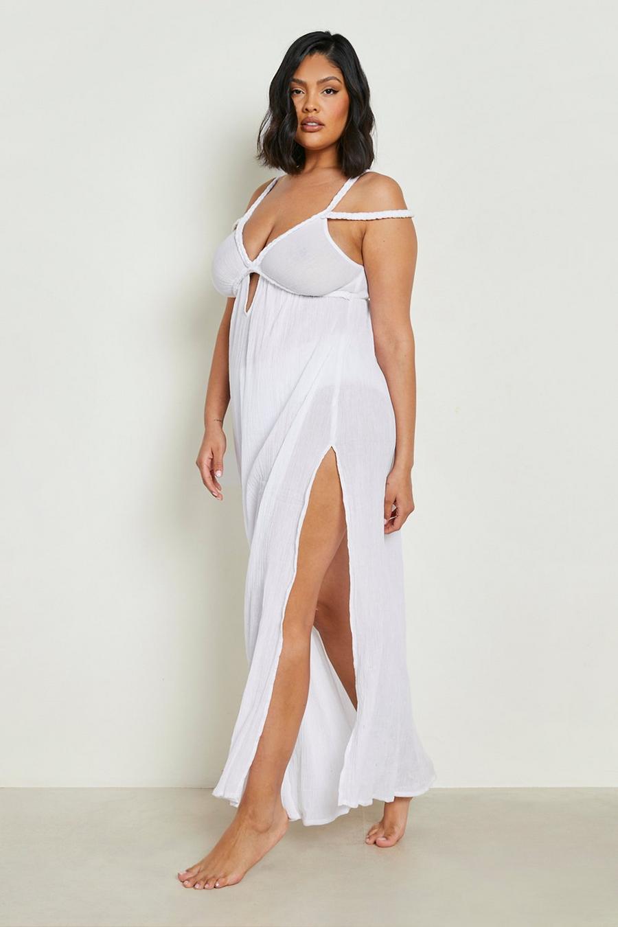 לבן שמלת חוף מקסי מבד כותנה אוורירי עם שזירה, מידות גדולות image number 1