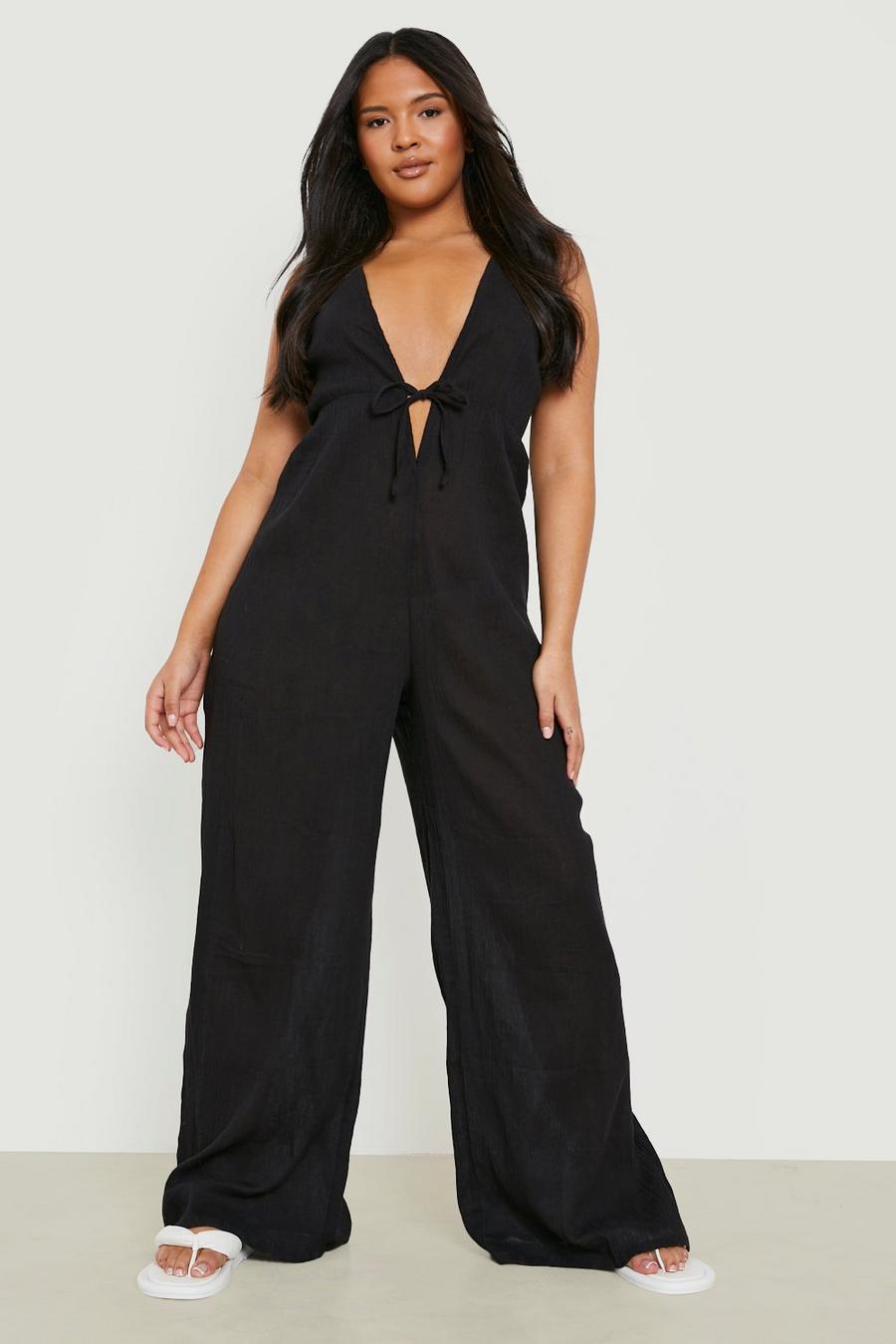 Black Plus Cheesecloth Beach Jumpsuit image number 1