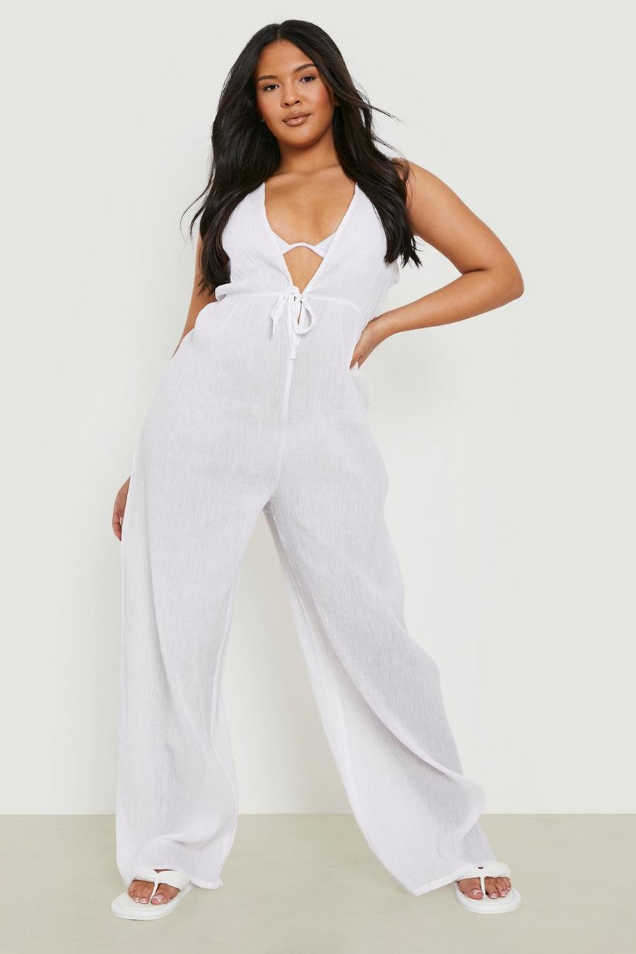 White Plus Cheesecloth Beach Jumpsuit