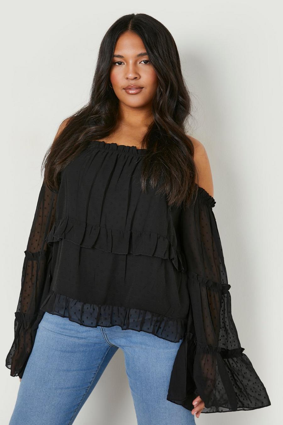 Black Plus Ruffle Off The Shoulder Top image number 1