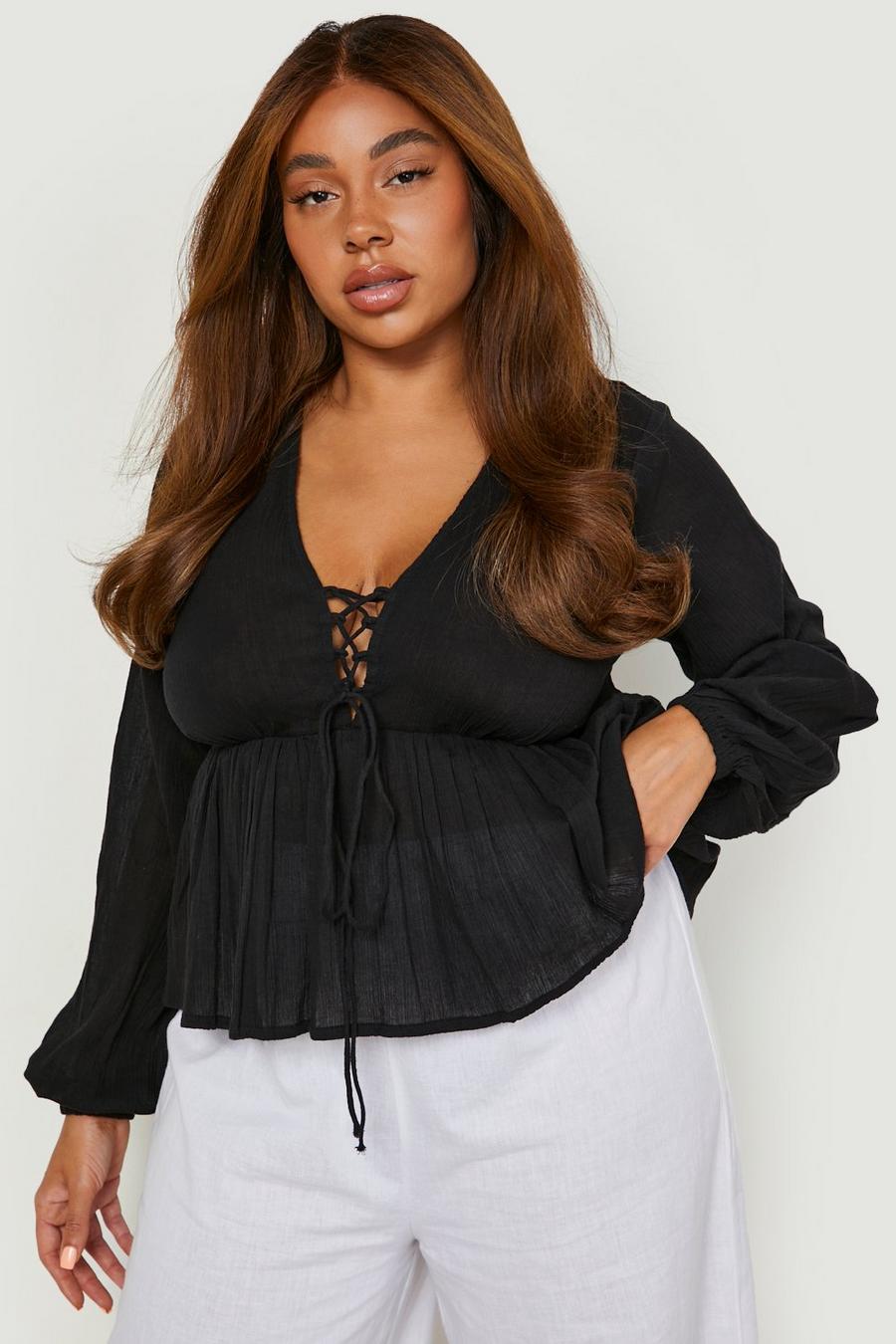 Black Plus Cheesecloth Lace Up Peplum Top