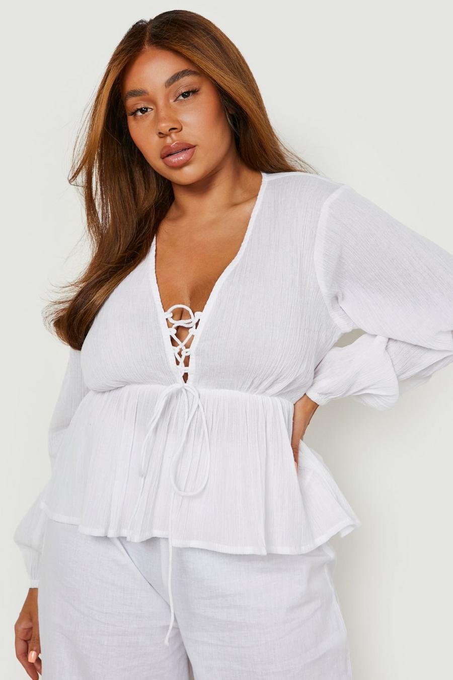 White Plus Cheesecloth Lace Up Peplum Top