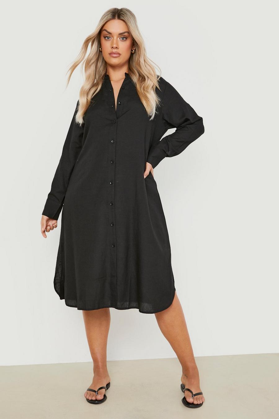 Black Plus Linen Midi Shirt Dress image number 1