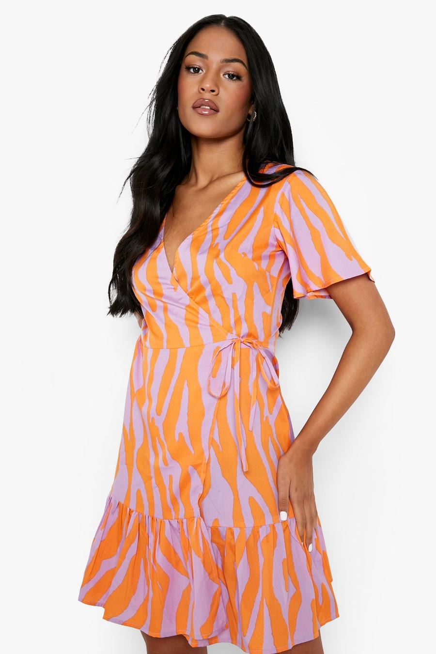 Orange Tall Woven Zebra Print Wrap Tea Dress image number 1