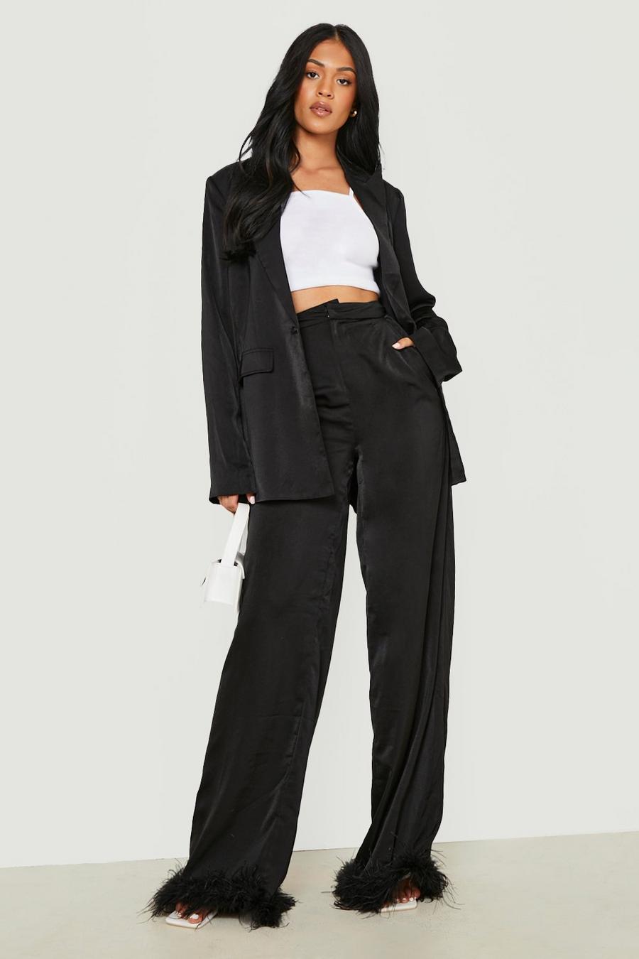 Black Tall Satin Tailored Feather Trim Pants image number 1