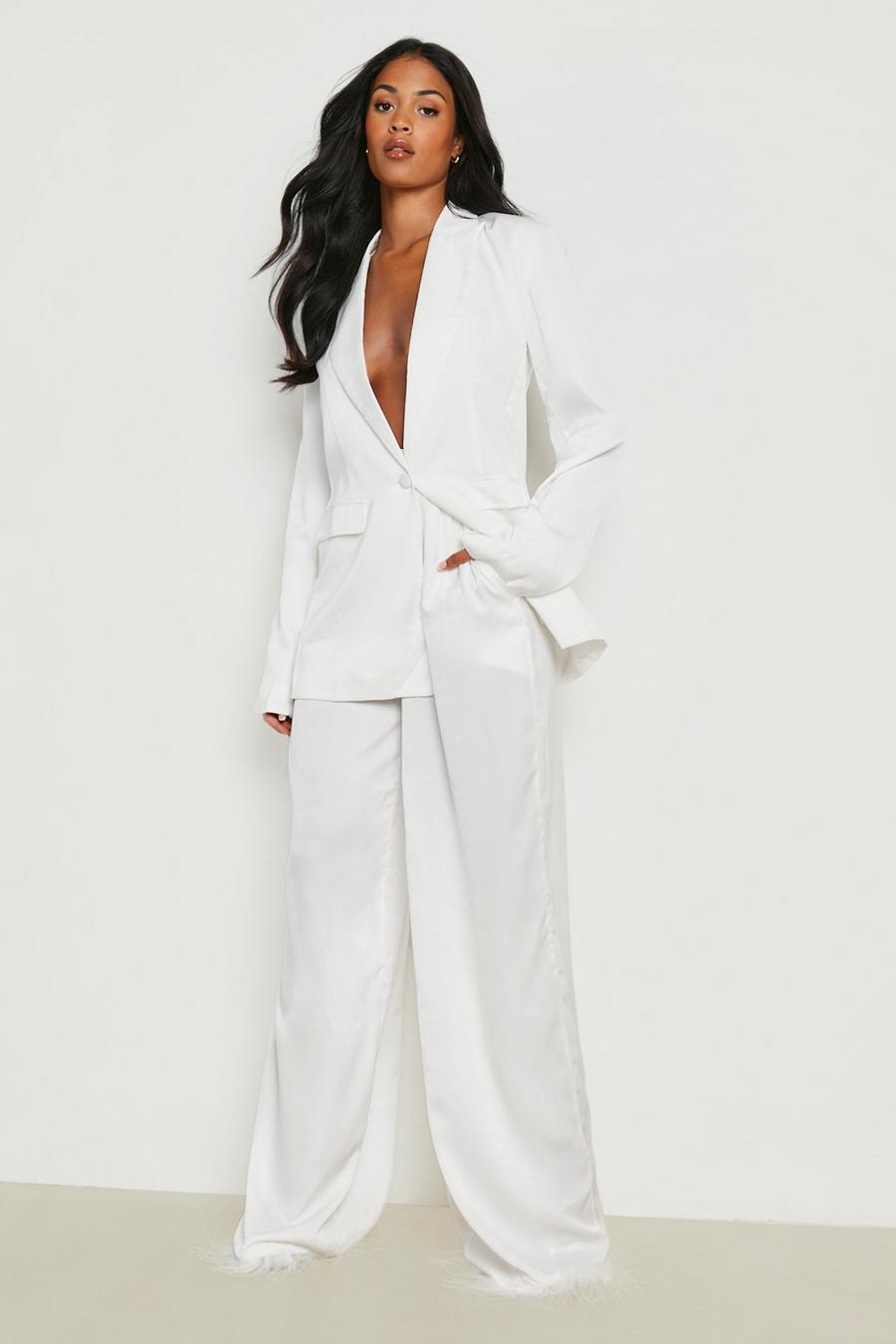 Ivory white Tall Satin Tailored Feather Trim Trouser
