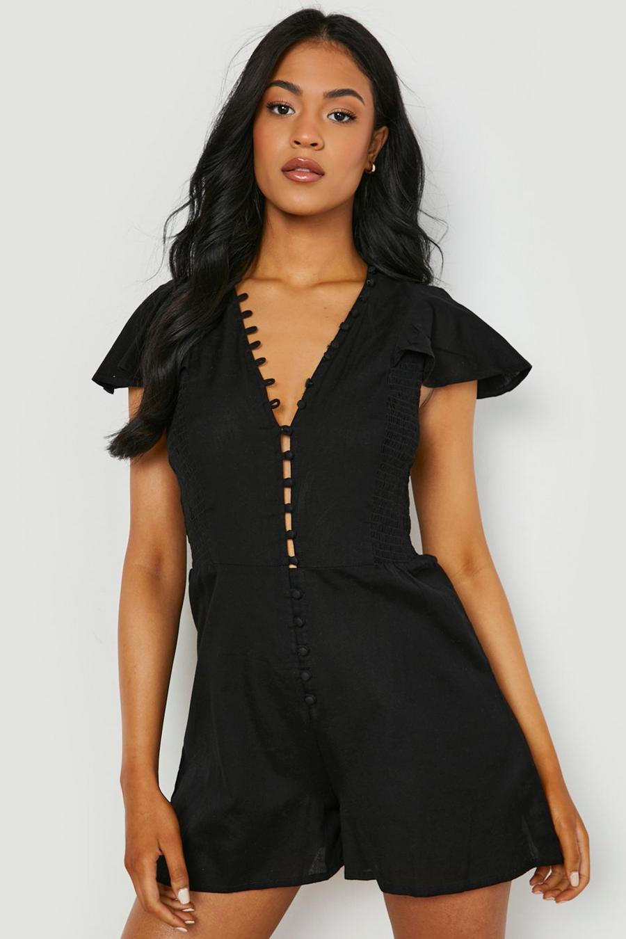 Black Tall Linen Button Detail Flippy Playsuit image number 1