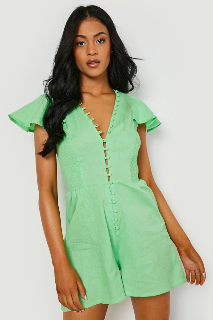 Green Tall Linen Button Detail Flippy Playsuit image number 1