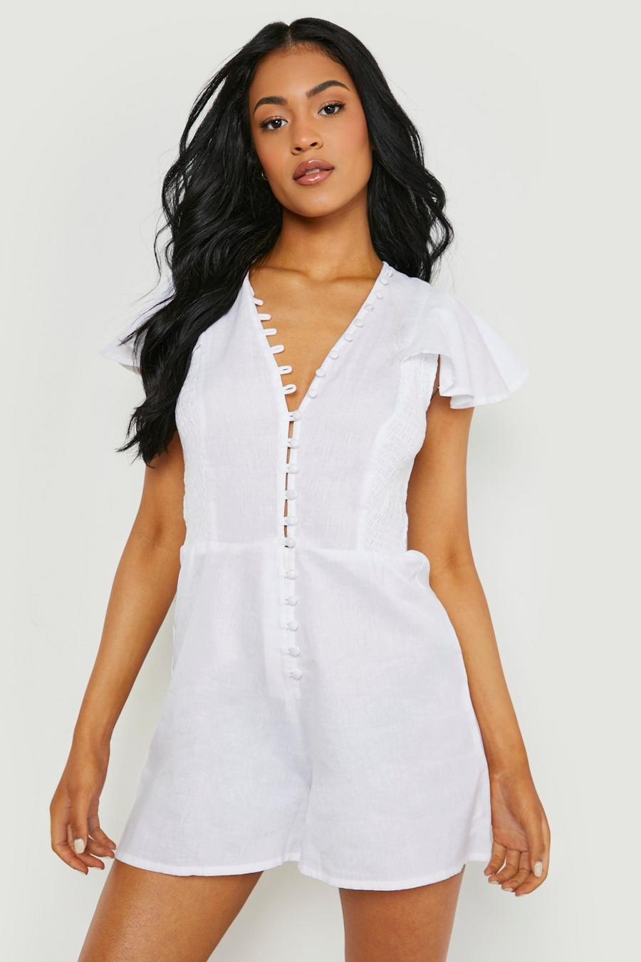 White Tall Linen Button Detail Flippy Playsuit image number 1