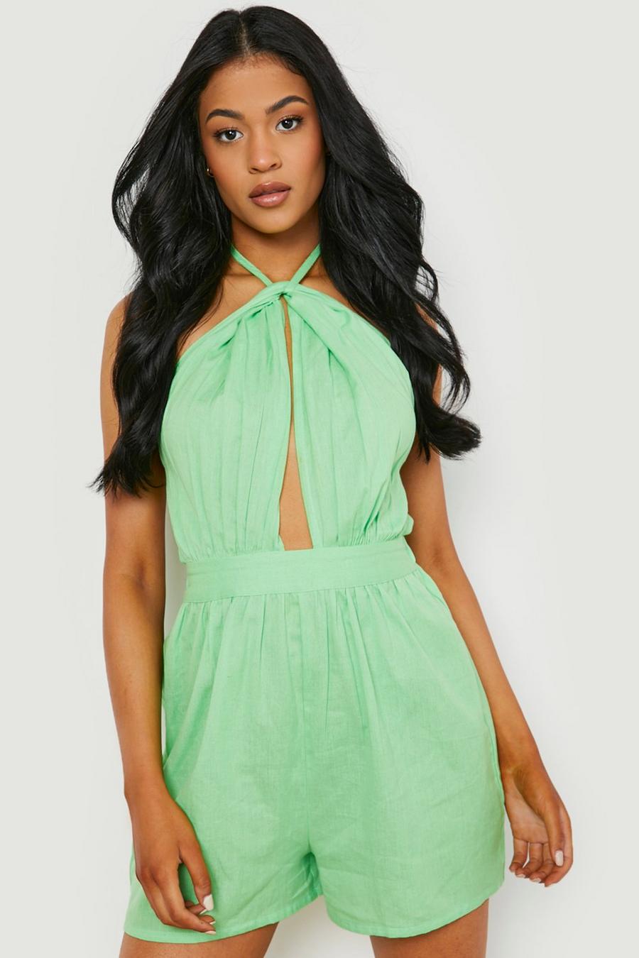 Green Tall Strappy Halter Neck Linen Playsuit
