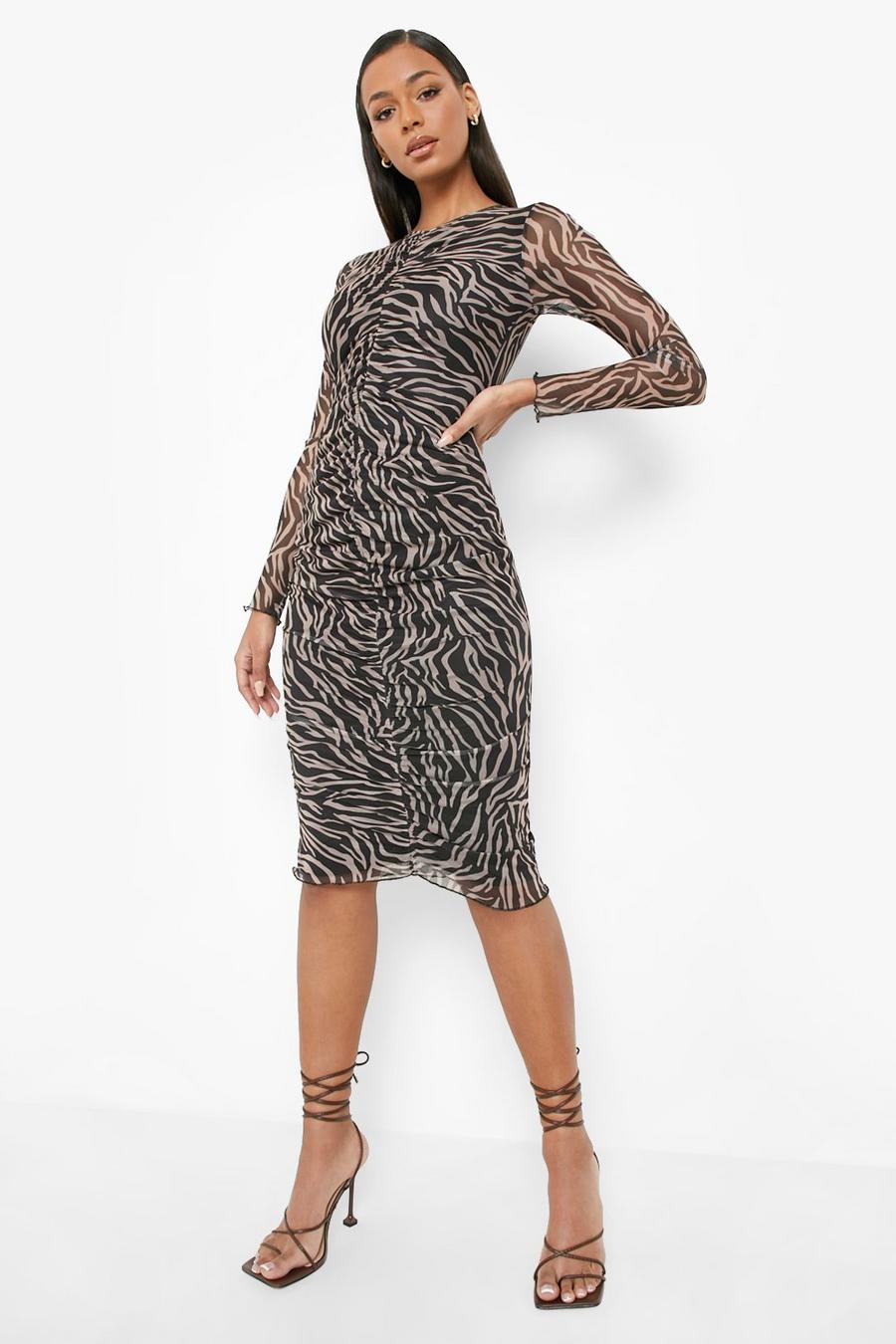 Black Zebra Print Front Ruched Midi Dress