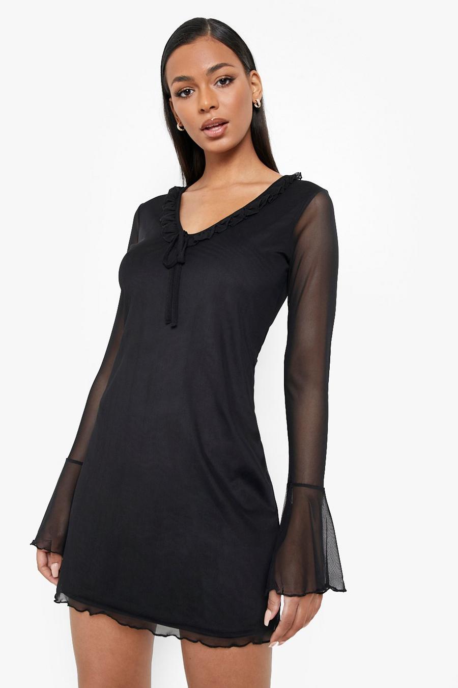 Black Flare Sleeve Mesh Mini Dress image number 1