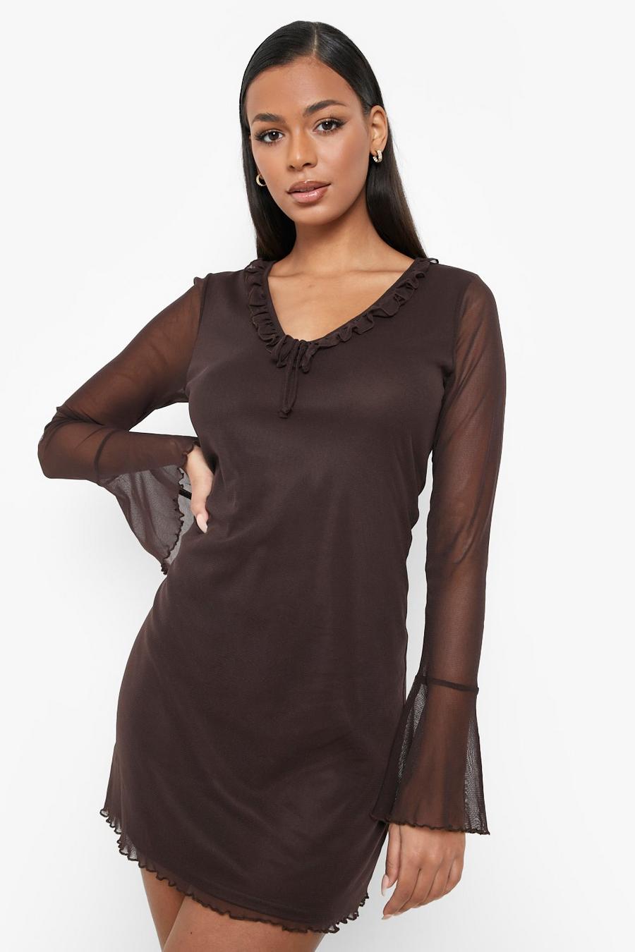 Brown Flare Sleeve Mesh Mini Dress image number 1