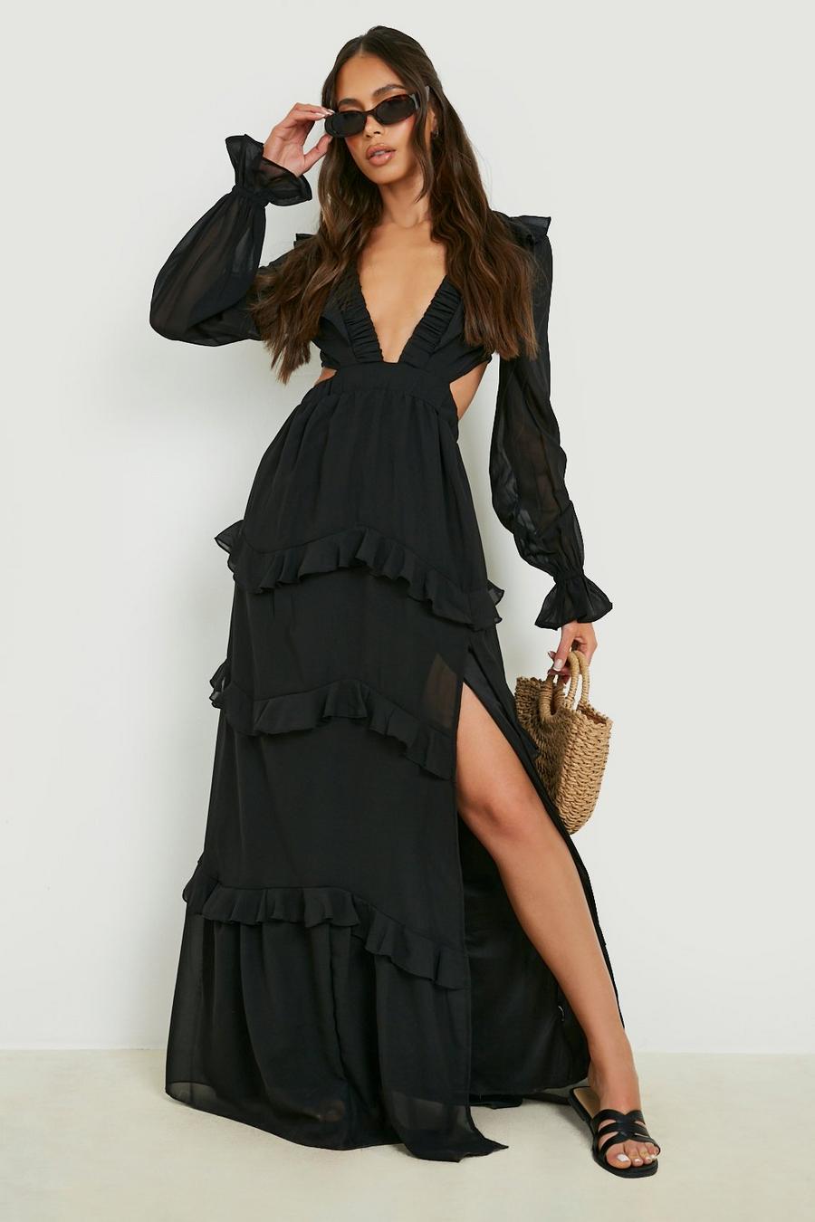 Black Frill Detail Woven Maxi Dress image number 1