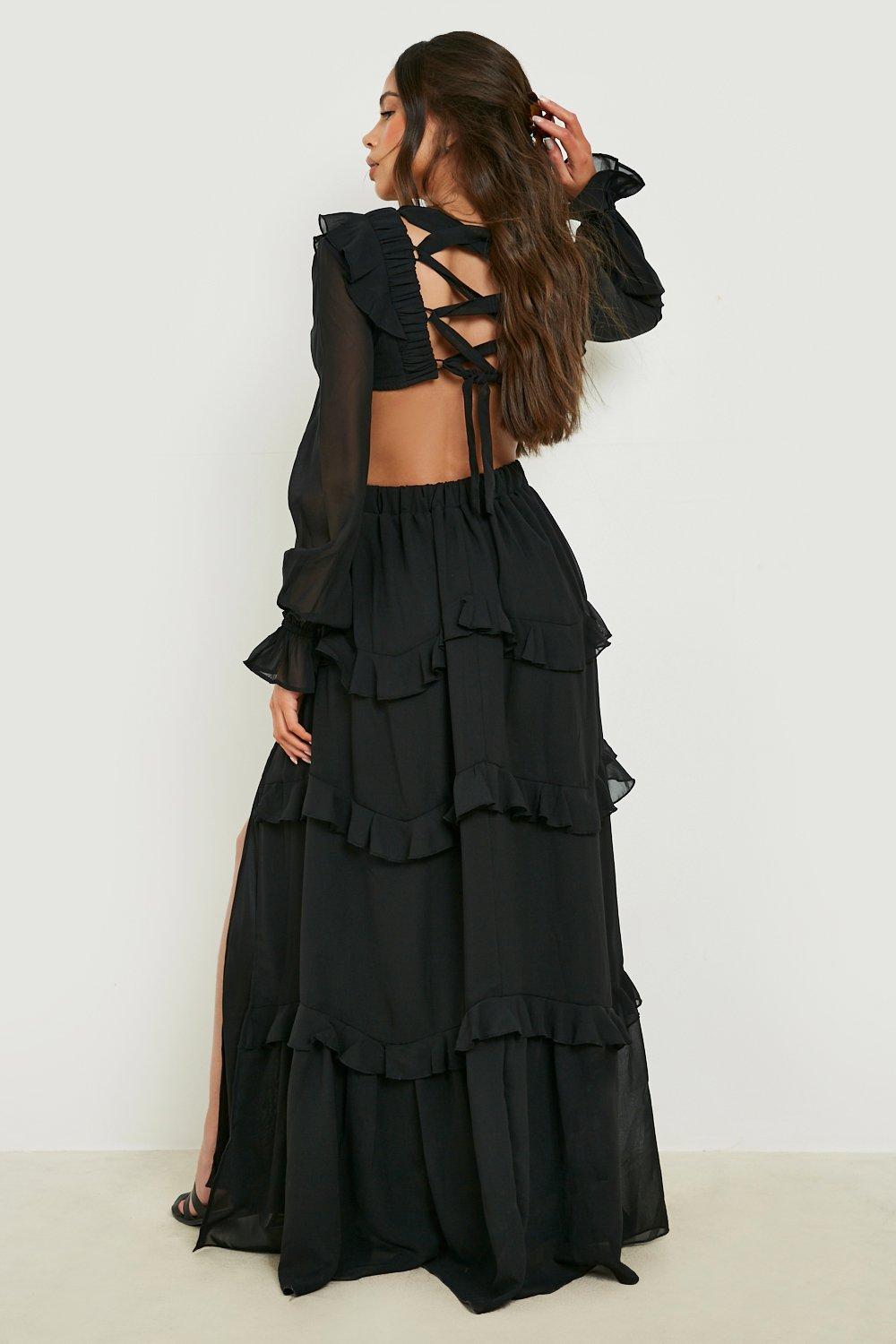 riu ❤︎ Frill bolero pleats dress Sienna Black Pleated Frill Maxi Dress – Ro&Zo