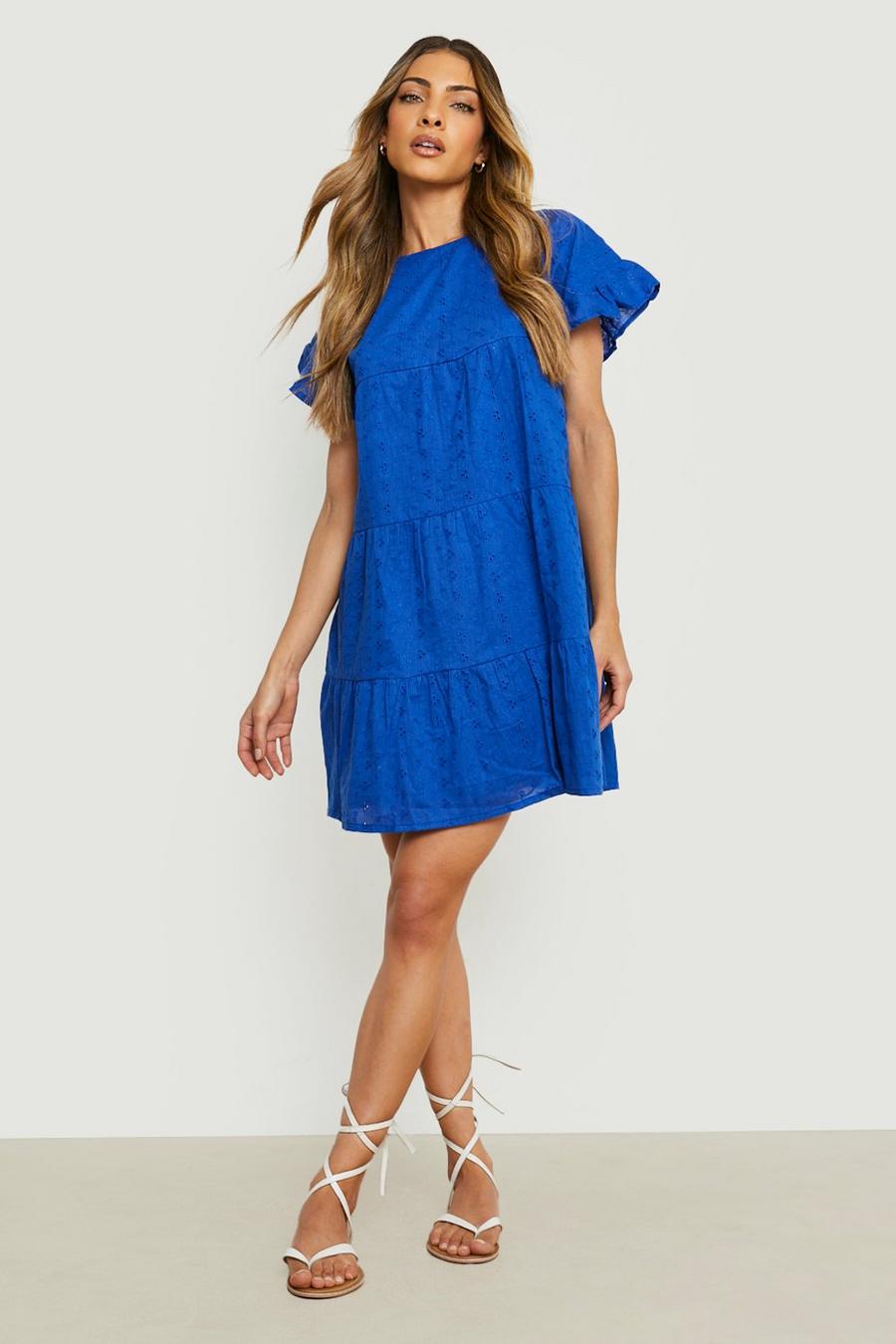 Blue Broderie Tiered Smock Dress