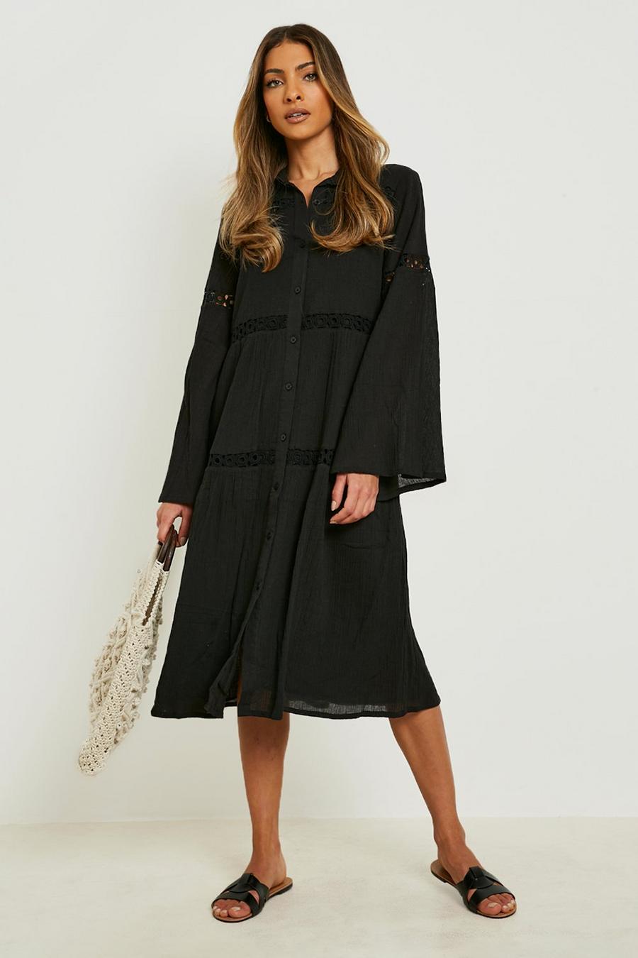 Black Cheesecloth Flare Sleeve Shirt Dress image number 1