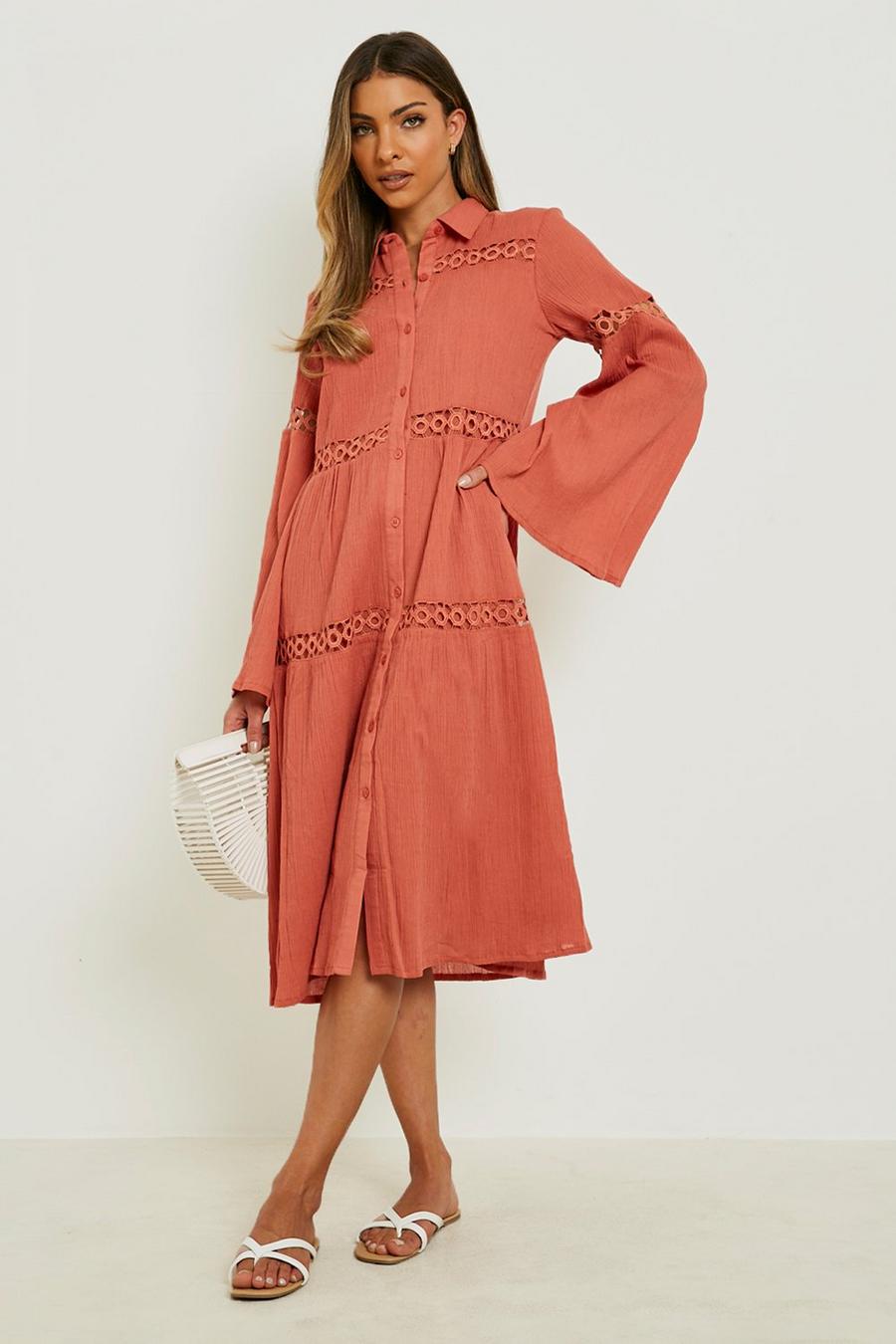 Tan Cheesecloth Flare Sleeve Shirt Dress image number 1