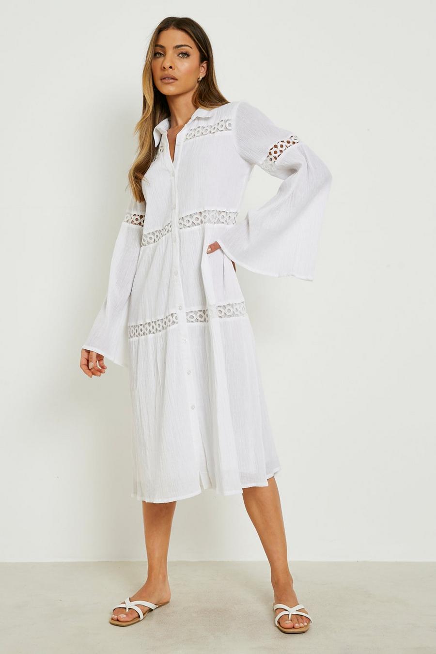 White Cheesecloth Flare Sleeve Shirt Dress