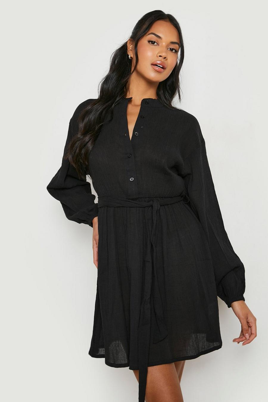 Black Cheesecloth Belted Shirt Dress