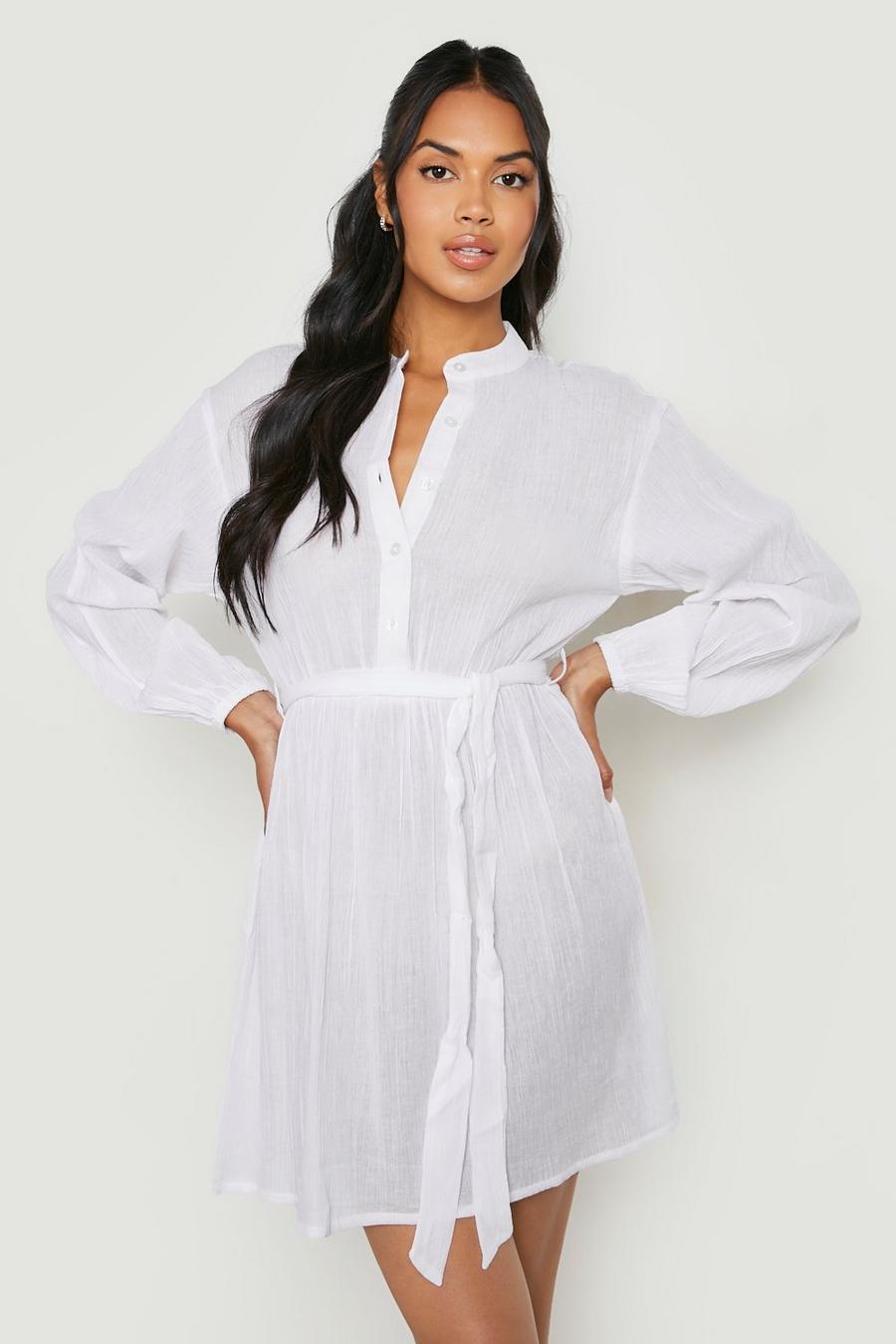White Cheesecloth Belted Shirt Dress image number 1
