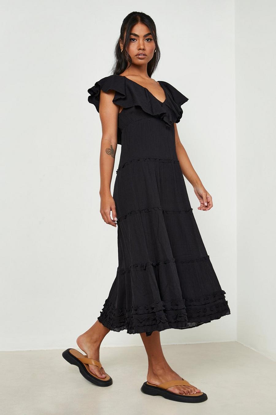 Black Cheesecloth Frill Detail Plunge Midaxi Dress image number 1
