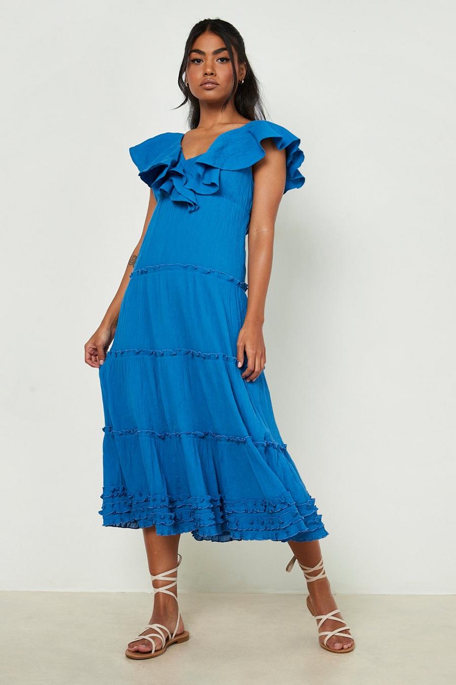 Blue Cheesecloth Frill Detail Plunge Midaxi Dress image number 1