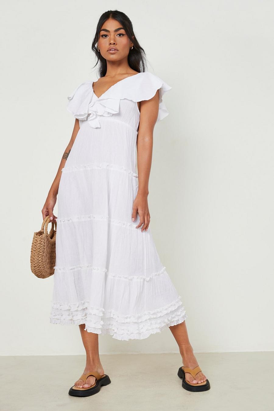 White Cheesecloth Frill Detail Plunge Midiaxi Dress