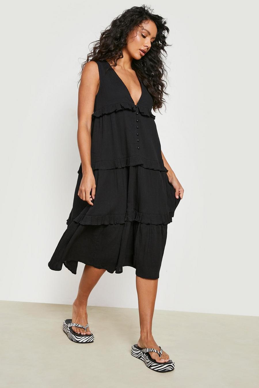 Black Cheesecloth Frill Tiered Midi Dress image number 1